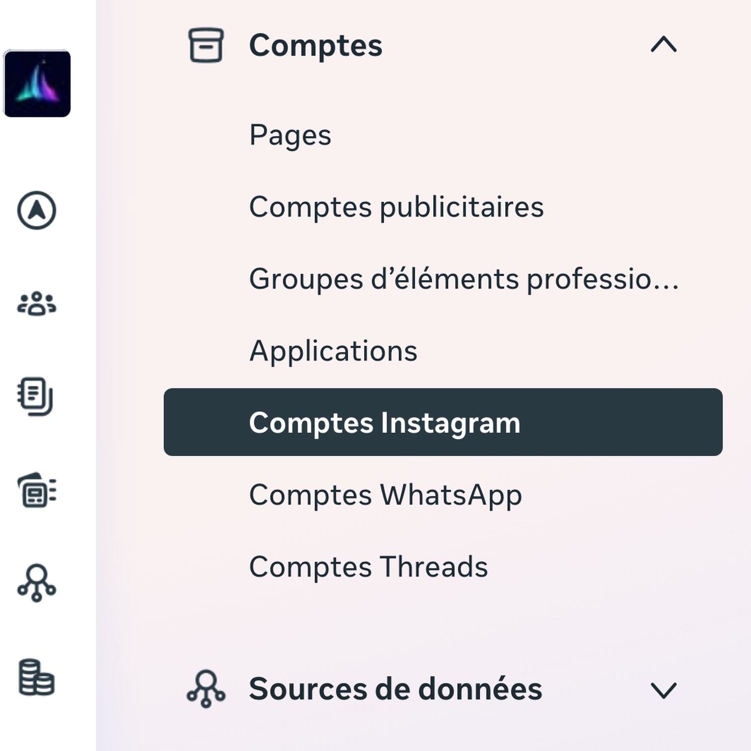 Le menu Comptes de Meta Business Suite, avec les pages, les comptes publicitaires, Instagram, WhatsApp et Threads